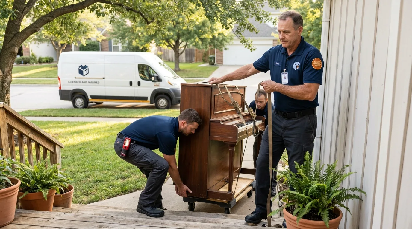 Licensed piano movers securing grand piano in Kiowa, CO