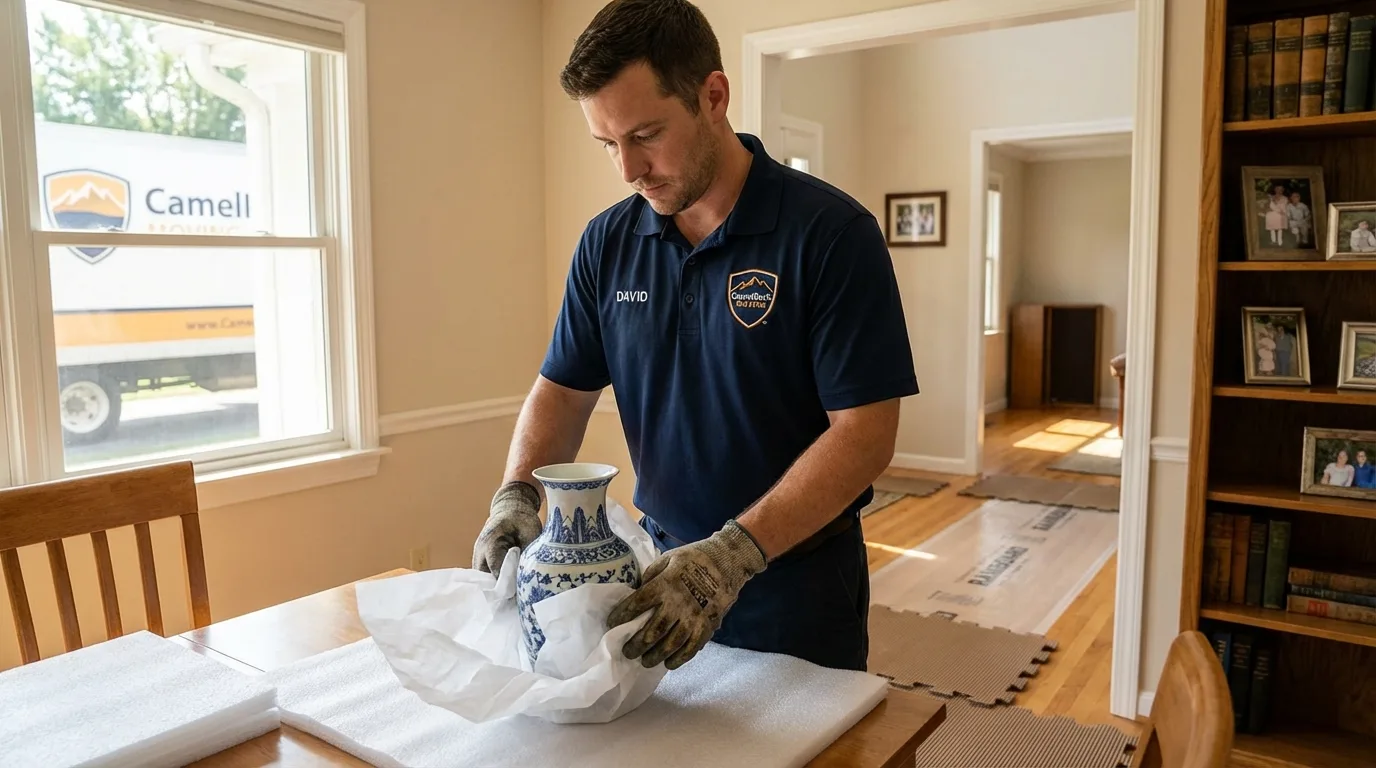 Professional crew carefully wrapping antique vase for senior downsizing move in Kiowa, CO