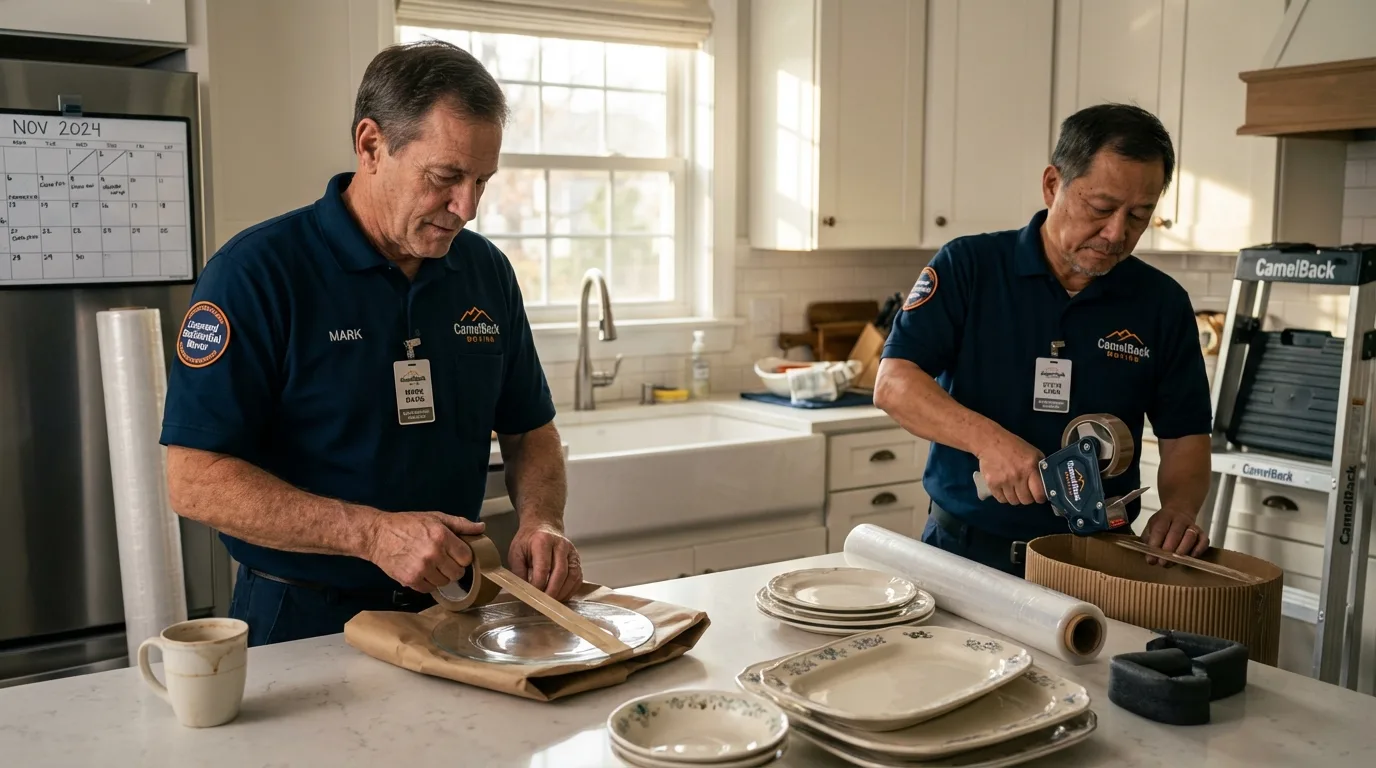 Professional crew packing kitchen dishware in Kiowa, CO